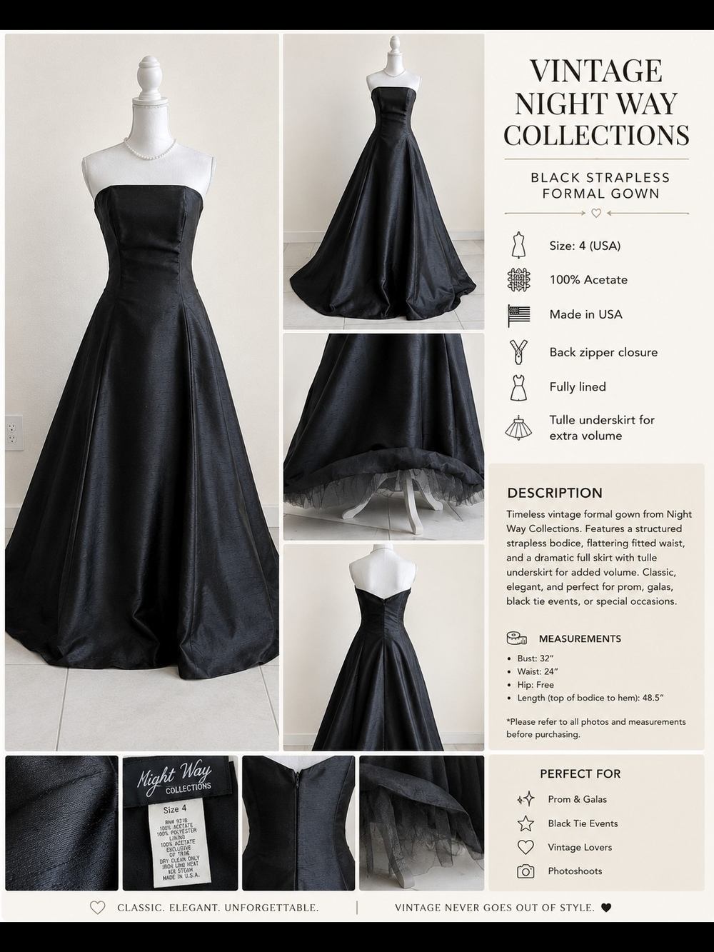 Vintage Night Way Collections  Strapless Formal Gown Size 4 USA  Full Length